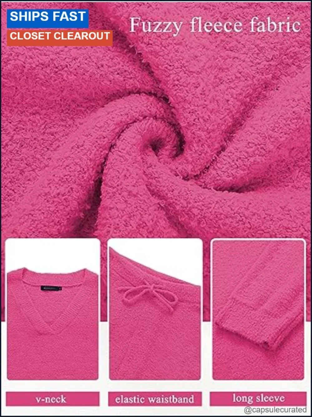 Women's Fuzzy Fleece 2 Piece Lounge Pajama Set with V-Neck Top and Wide Leg
